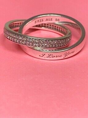 Retired Pandora Sterling Silver 'I Love You' & Pave Stacking Rings - Silver